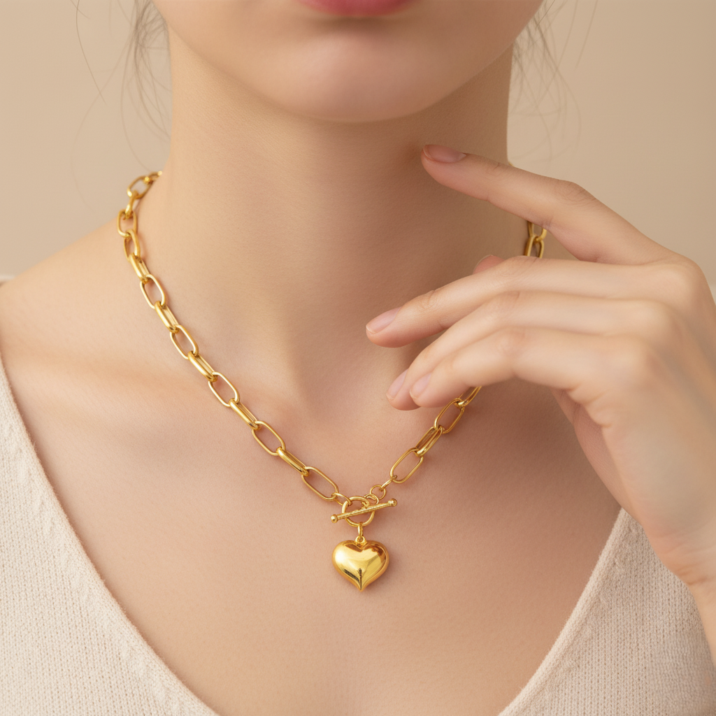 916 Gold Necklace – Paperclip With 3D Love(Paperclip 吊3D Love)