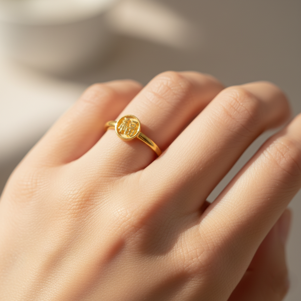 Gold ring with a circular design on a person's finger against a neutral background
