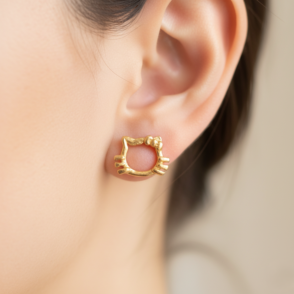 916 Gold Earring – Hollow Hello Kitty Face (镂空凯蒂猫脸)