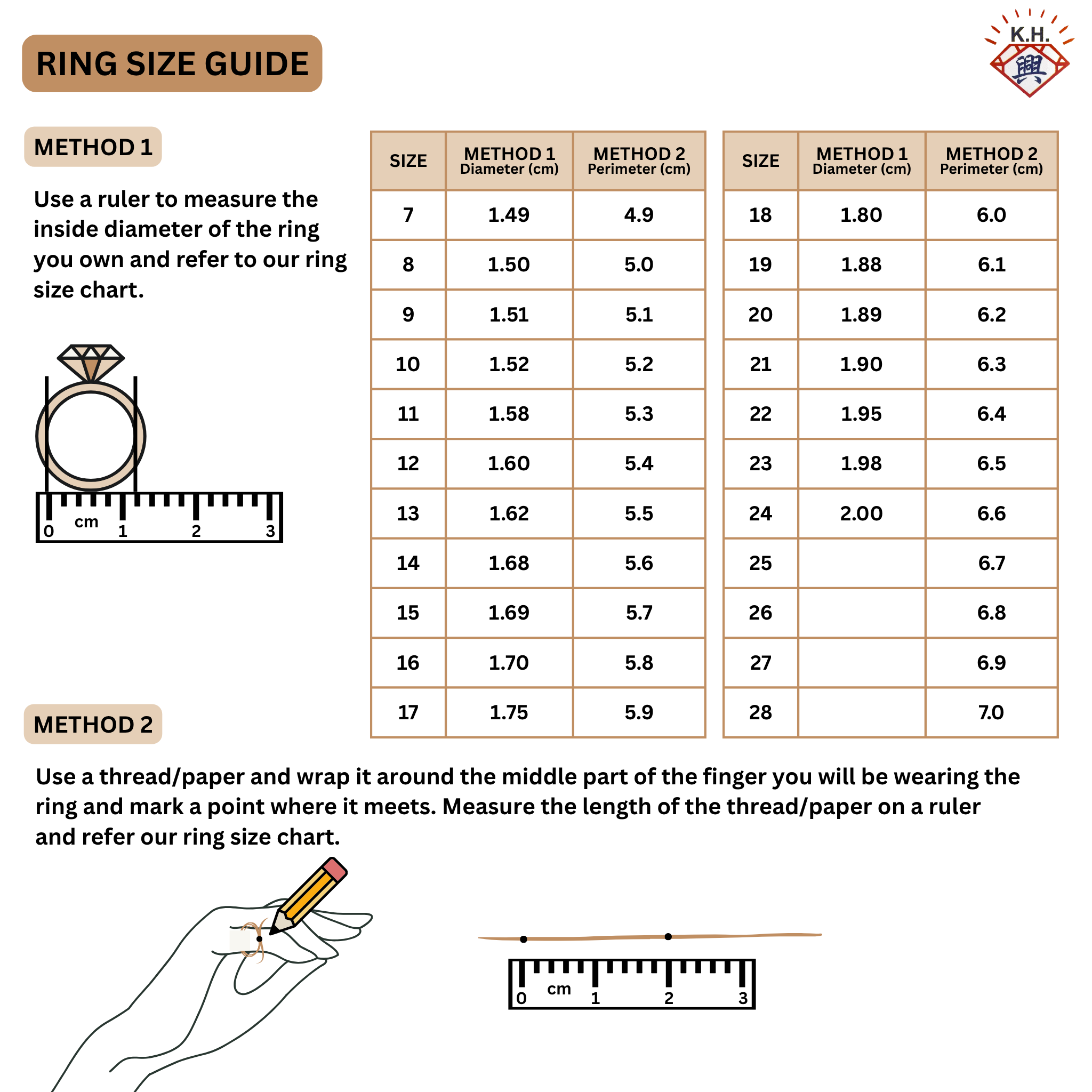 Ring size guide with measurements and instructions for determining ring size.