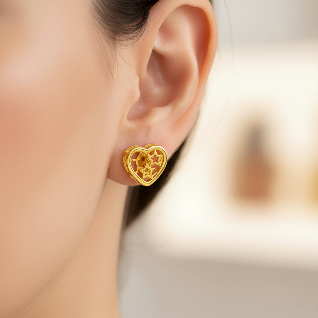916 Gold Earring – Star Within Double Hearts (双层心里星)