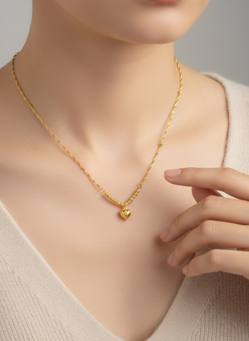 916 Gold Necklace – Singapore Twist with Boba Love(水波链串珠吊love)